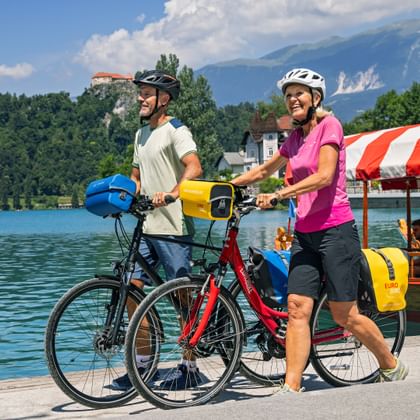 Cyclists at Lake Bled Cyclists at Lake Bled