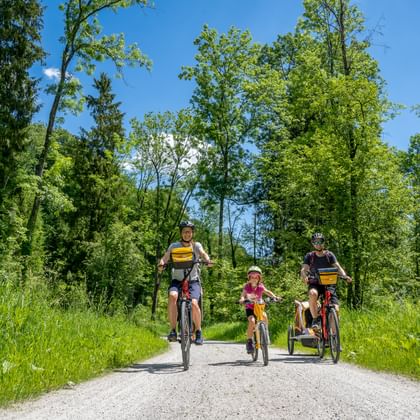 Family of four cycling on gravel path along Lechradweg. Two adults and two children with bike trailer ride through green landscape under blue sky.