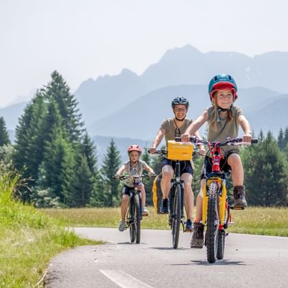 Three young cyclists with helmets riding on a paved path through green meadows with mountains and forests in the background.