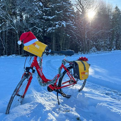 Christmas bike in the winter forest