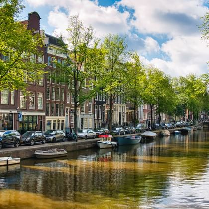 Amsterdamer Gracht gesäumt von traditionellen holländischen Häusern, parkenden Autos und Booten. Bäume rahmen beide Seiten unter blauem Himmel.
