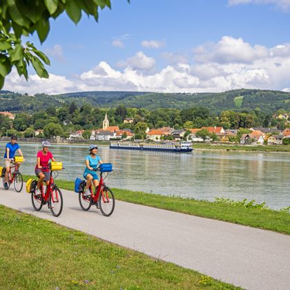 Eine Radfahrgruppe fährt entlang des Donauufers, im Hintergrund der Ort Persenbeug