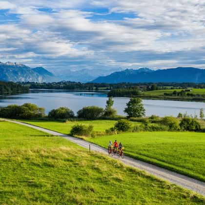 Two cyclists on a path through green meadows near Riegsee lake in Bavaria, with mountains in the background under a cloudy blue sky.