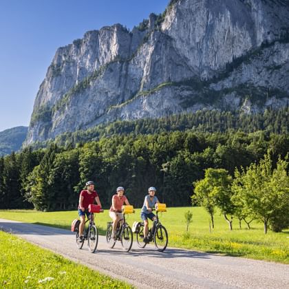 Drei Radfahrer am Radweg nahe des Mondsees mit Blick auf die Drachenwand