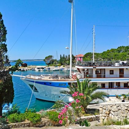 White two-deck MS Aria ship with blue hull and two masts moored in a Mediterranean harbor. Pink flowers and cypress trees frame the view.