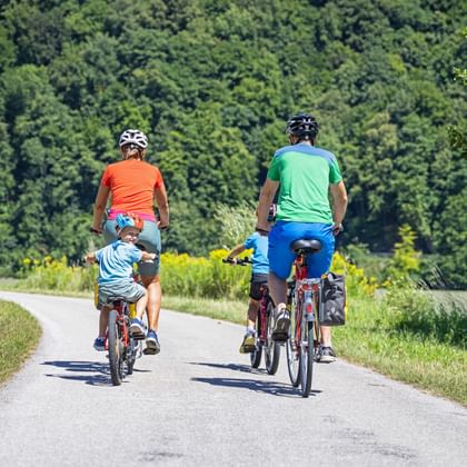 Two adults and a child cycling on a paved path through countryside, with dense forest in the background. All wear helmets and colorful clothing.