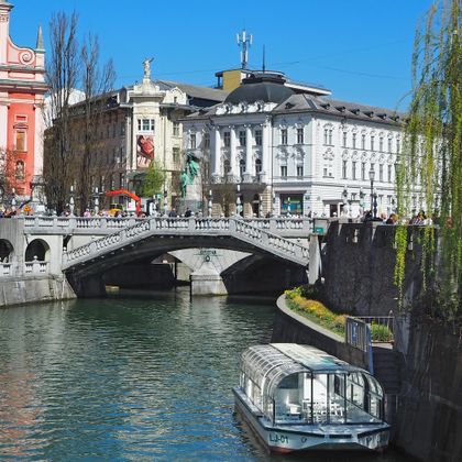 View across the river to the old town centre of Ljubljana