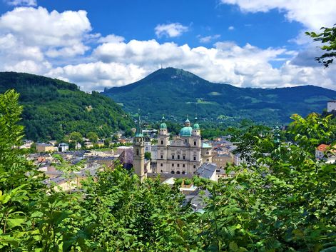 Blick auf Salzburg mit Bäumen im Vordergrund