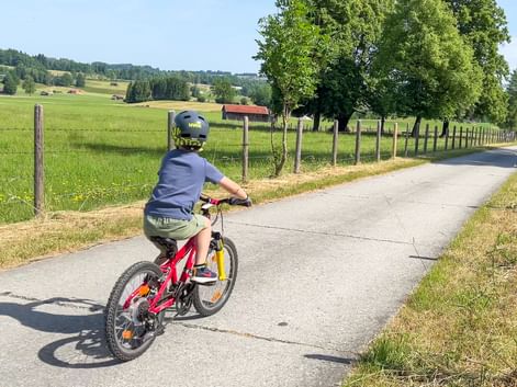 Child on red bike cycling along paved path through green Bavarian countryside with meadows, trees, and farmhouses under blue sky.