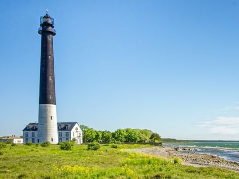 Tall black and white lighthouse with keeper's house on Baltic Sea coast. Green meadow in foreground, rocky beach and blue sky visible.