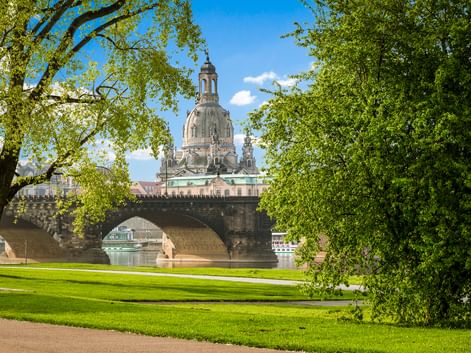 View of Dresden's Frauenkirche dome behind Augustus Bridge over the Elbe River, framed by green trees and lawn on a sunny day.