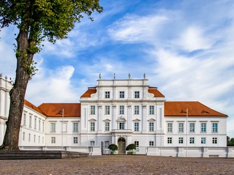 White baroque palace in Oranienburg with orange-tiled roof, symmetrical facade, and central entrance. A large tree stands in the foreground.