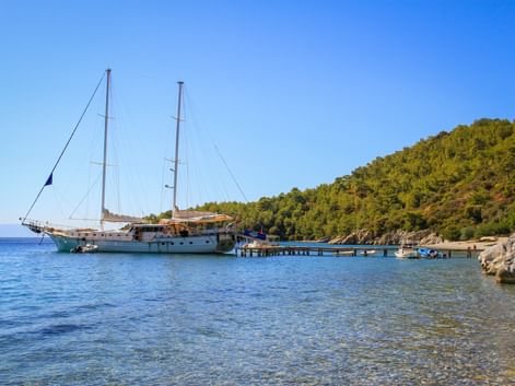 Weißes Segelschiff MS Boreas am Holzsteg in ruhiger Bucht. Bewaldeter Hang und klares blaues Wasser im Golf von Gökova, Türkei.