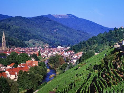 Blick über die zwischen Hügeln im Elsass eingebettete Stadt Thann