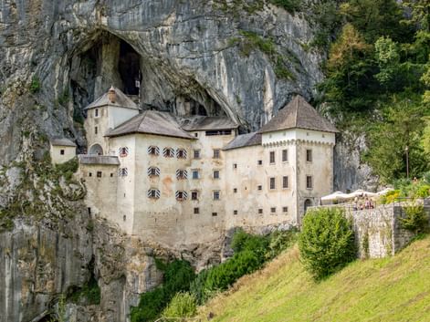 Burg Predjama in eine massive Kalksteinklippe in Slowenien gebaut, mit Höhleneingang darüber. Grüne Wiese im Vordergrund, Bäume rechts.