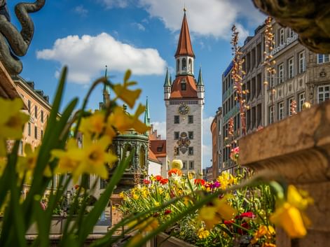 Colorful spring flowers frame Munich's Marienplatz with the Old Town Hall tower featuring a red spire and clock under blue sky.