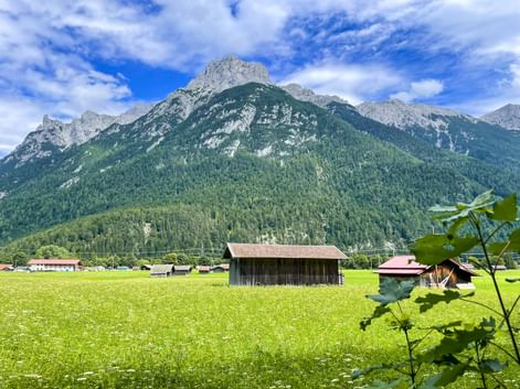 Green alpine meadow with traditional wooden barn in Bavaria. Mountains with rocky peaks and forests rise behind scattered farm buildings under blue sky.