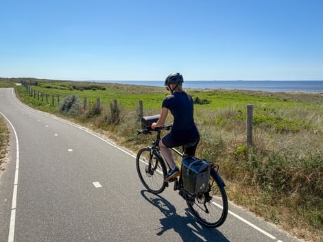 Female cyclist with panniers riding on paved coastal bike path in Zeeland, with green meadows, fence posts, and blue sea in background.