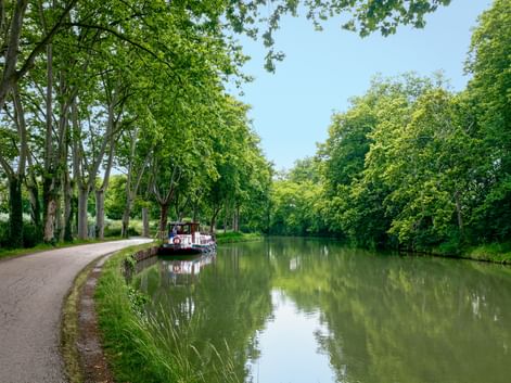 Ein Boot auf dem ruhigen Kanal Canal du Midi, flankiert von einem Radweg und hohen grünen Bäumen unter klarem blauen Himmel.