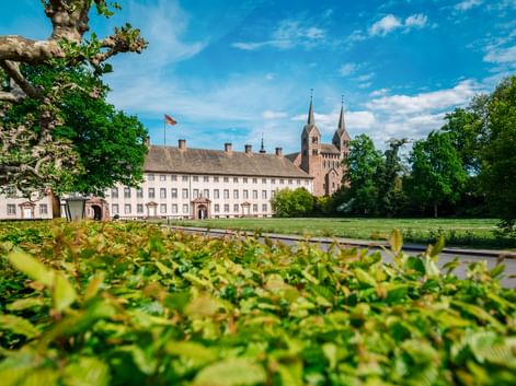 Schloss Corvey in Höxter mit doppeltürmiger Kirche und Schlossflügel, umgeben von grünen Rasenflächen und Bäumen unter blauem Himmel.