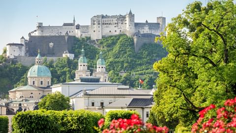 Hohensalzburg Fortress on a hilltop above Salzburg's old town with baroque church domes and red flowers in the foreground under clear blue sky.