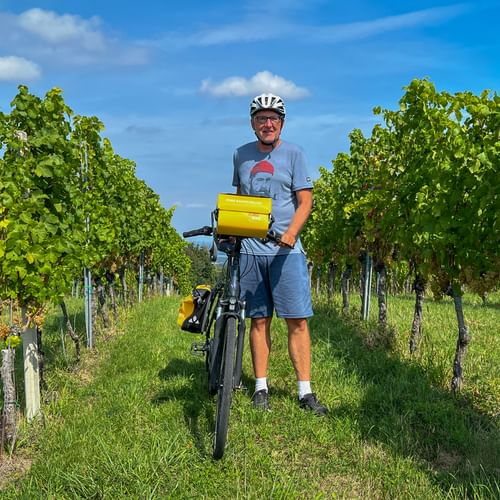 Radfahrer mit Helm und gelber Lenkertasche steht mit Tourenrad zwischen grünen Weinreben unter blauem Himmel in der Südsteiermark.