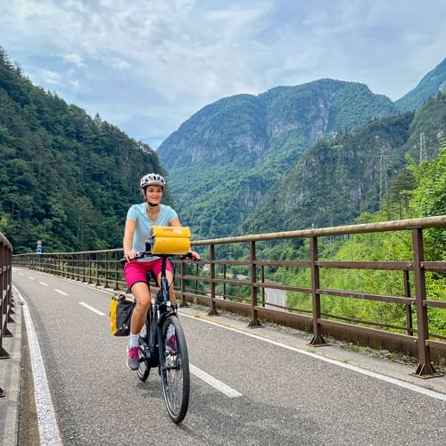 Female cyclist with yellow panniers riding on paved path with metal railings, surrounded by forested mountains in alpine valley.