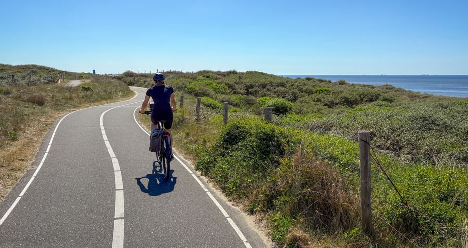 Cyclist riding on paved coastal bike path with green vegetation and ocean view. Clear blue sky above, wooden fence posts along the path.