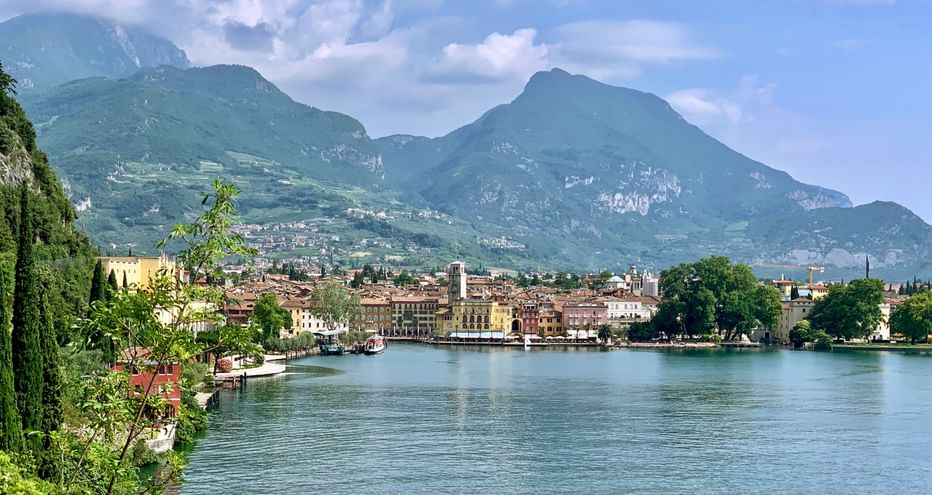 View of the town of Riva del Garda with mountain panorama