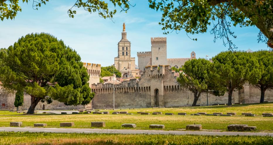 View of Avignon's fortified city walls with towers and the Papal Palace behind, framed by green trees and a grass lawn in Provence.