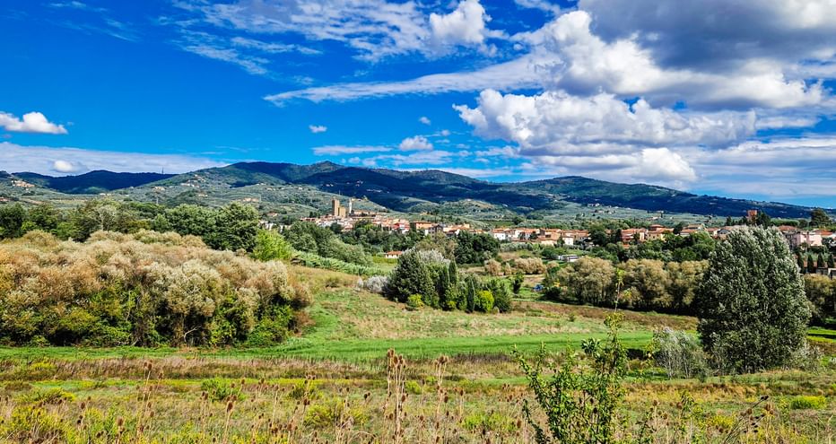 Rolling Tuscan countryside near Vinci with green fields, olive groves, and a hilltop village. Mountains rise in the background under a blue sky.