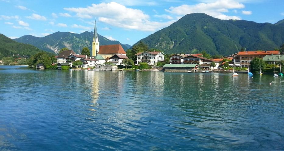 View from the lake to Tegernsee with mountains in the background