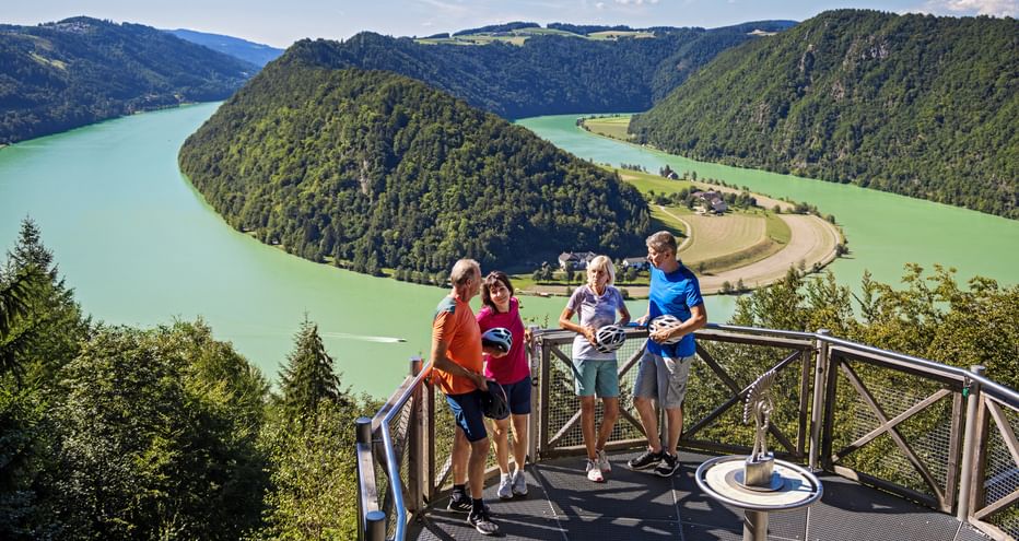 Vier Radfahrer auf einer Aussichtsplattform mit Blick auf die Schlögener Schlinge, eine dramatische Flussbiegung mit bewaldeten Hügeln und türkisfarbenem Donauwasser.