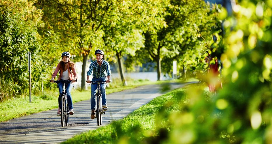 Two cyclists ride along the Saar on a cycle path with many trees