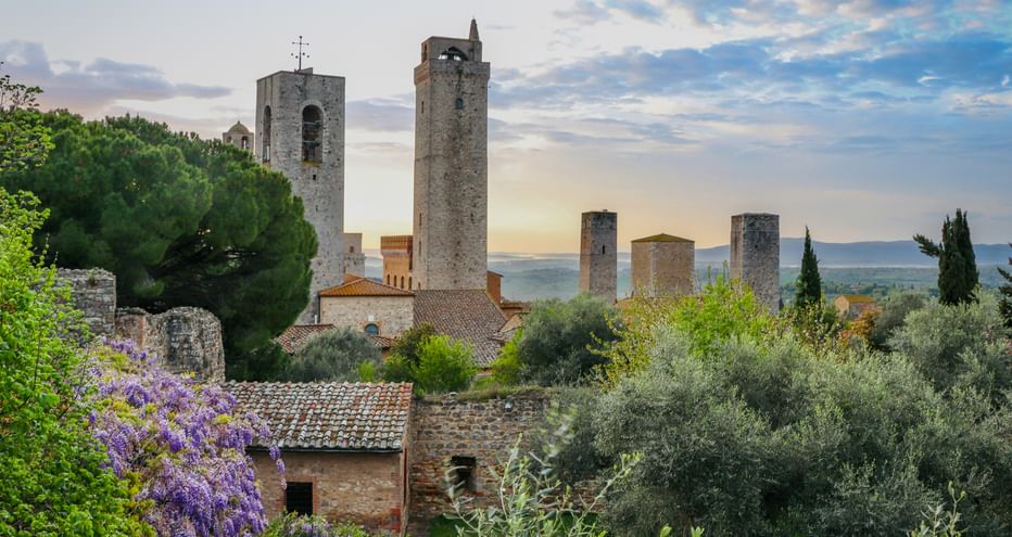 Historic towers of San Gimignano rising above stone buildings, surrounded by cypress trees and blooming wisteria at sunset in Tuscany.