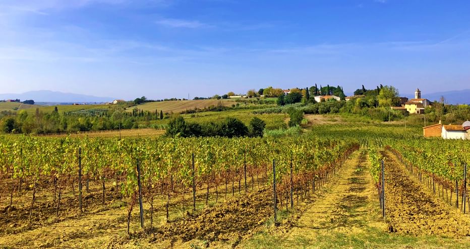 Vineyards and a small village on rolling hills in Tuscany