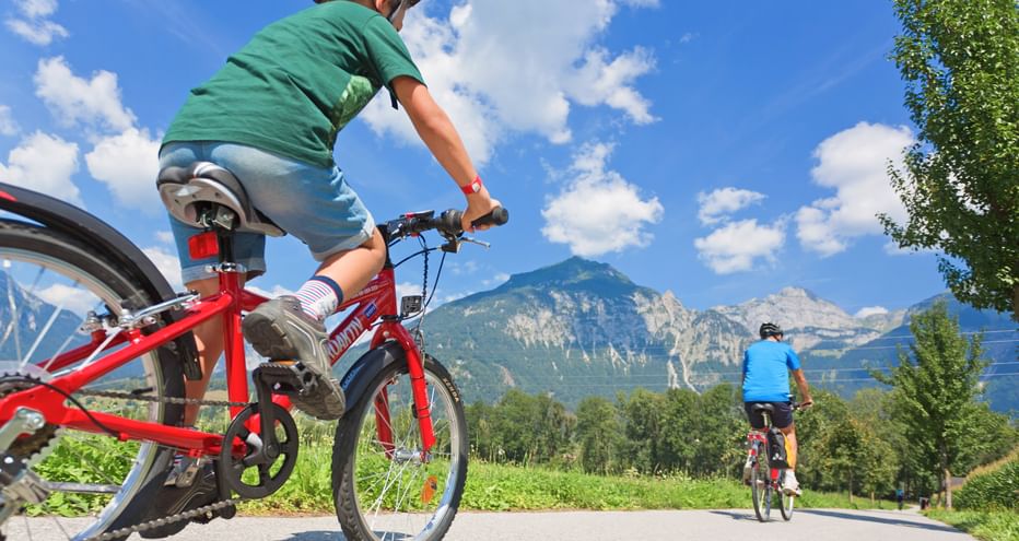 Son and father on beautiful asphalted cycle paths with mountain panorama in the background