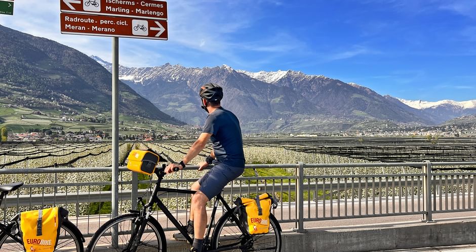 Radfahrer mit gelben Packtaschen am Etschradweg mit Blick auf schneebedeckte Berge. Wegweiser zeigen nach Tscherms, Marling und Meran.