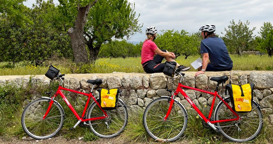 Two cyclists taking a rest on a stone wall with a view of olive trees