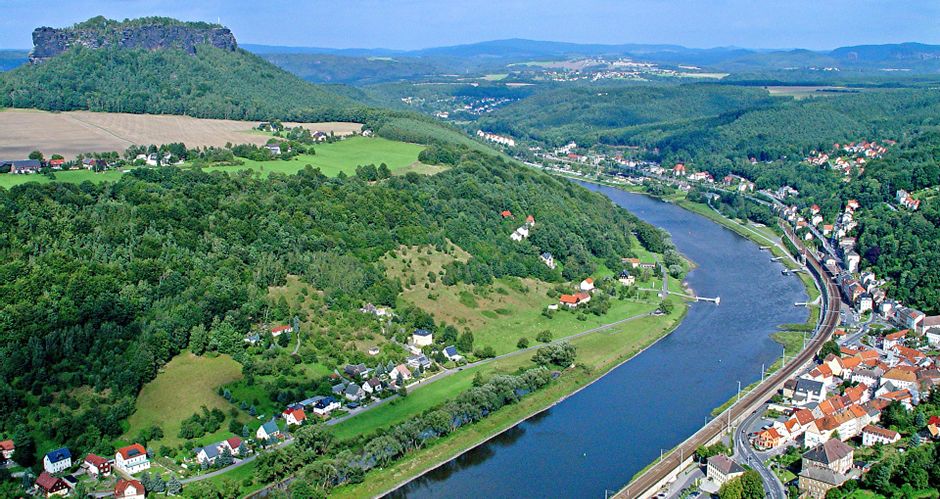 View from above of Lilienstein in Saxon Switzerland and the River Elbe