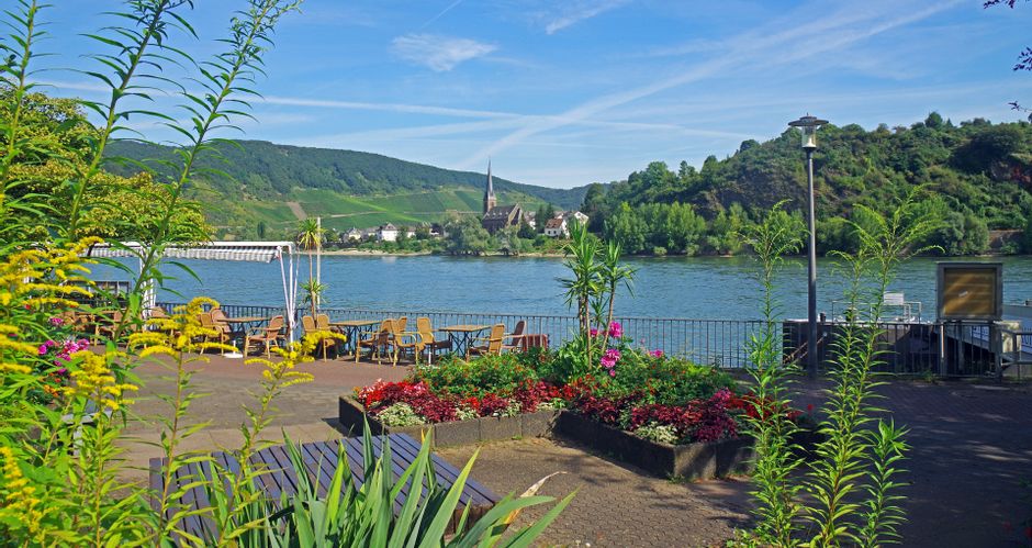 Aussicht von einer Terrasse aus auf den Rhein