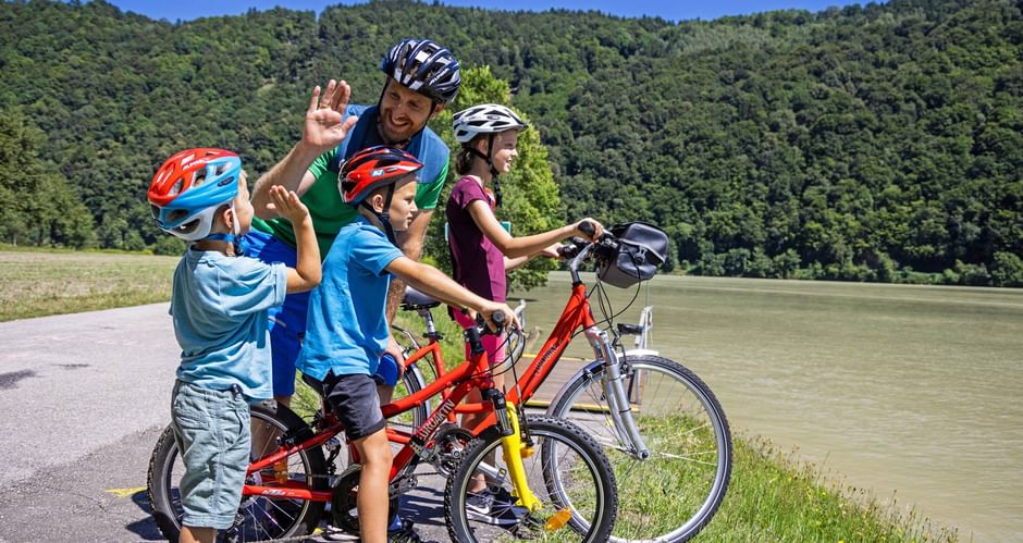 Family by the lake, father gives child high five