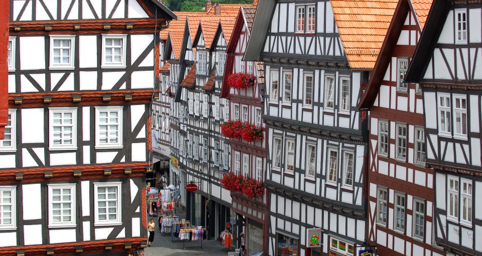 Half-timbered houses in the pedestrian zone of Melsungen