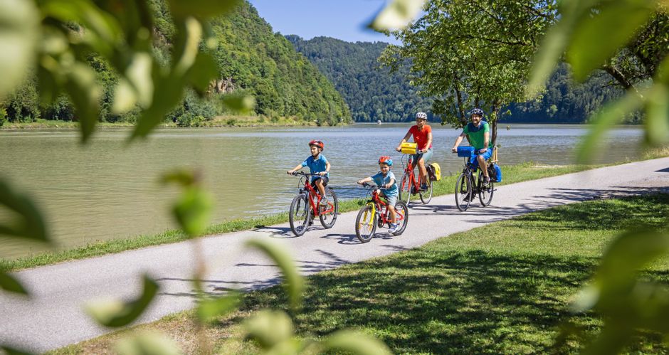 Vierköpfige Famile beim Radfahren entlang des Donauufers