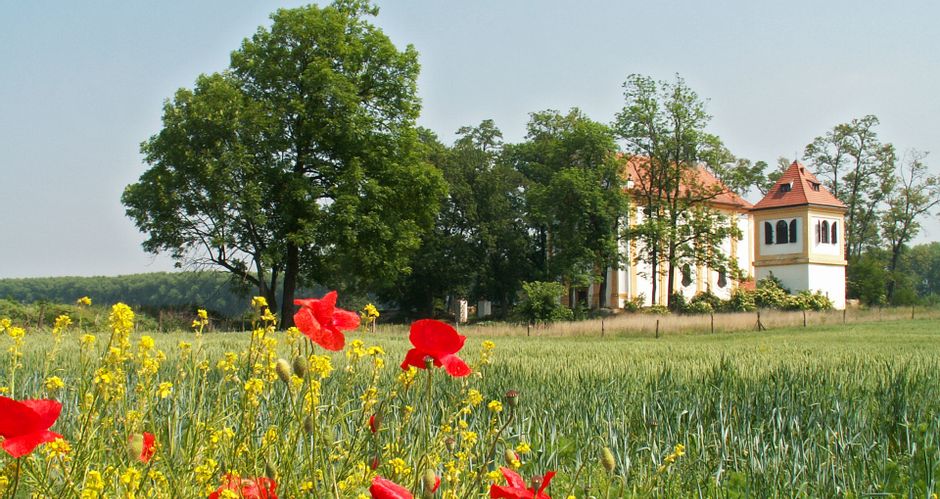Eine Villa zwischen Feldern und Bäumen im Umland von Prag